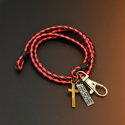 THE MEN THING Leather Bracelet CROSSLOOM -  Red and Black 10mm Genuine Leather Bracelet with Stainless Steel Lobster Clasp for Men & Boys (15 inch)