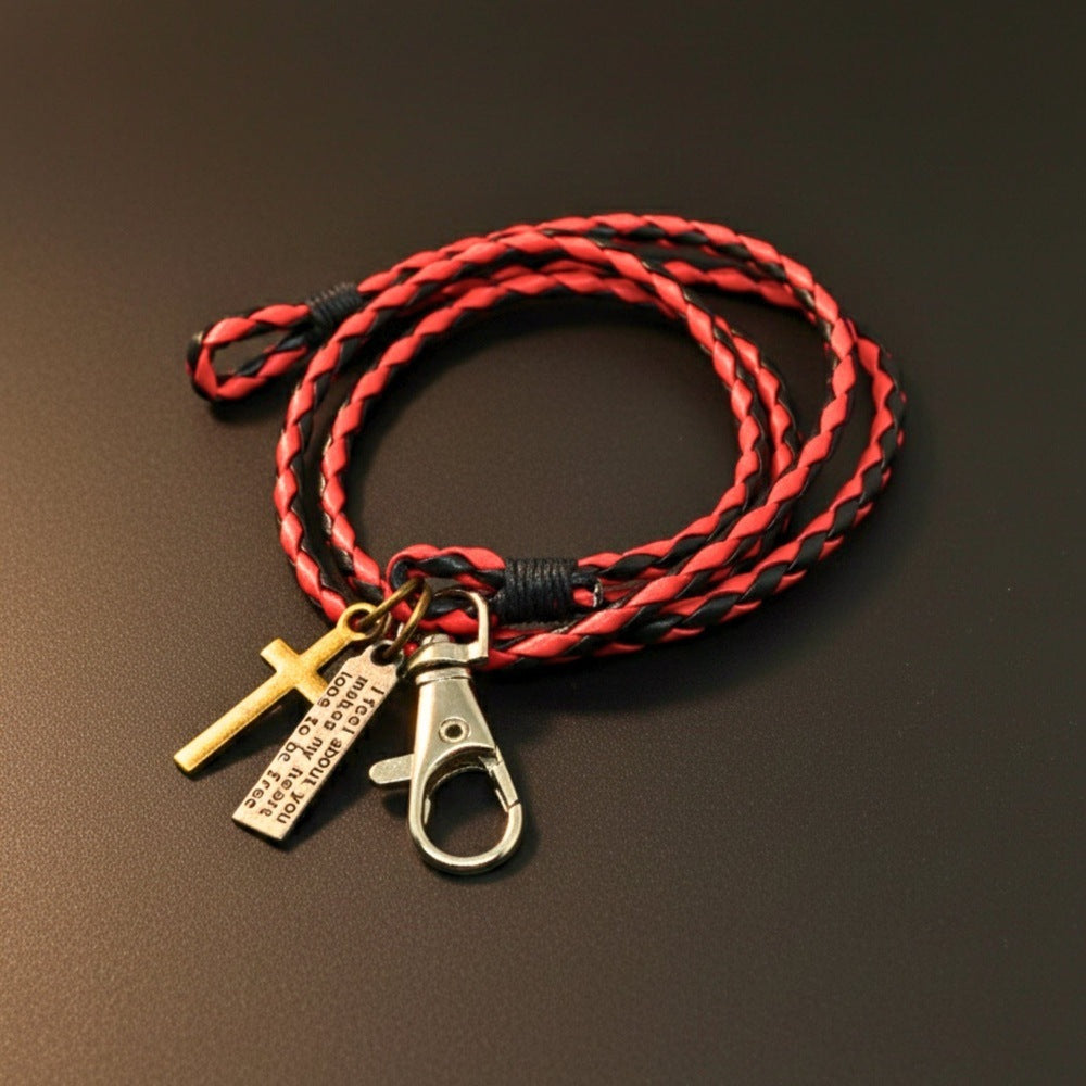 THE MEN THING Leather Bracelet CROSSLOOM -  Red and Black 10mm Genuine Leather Bracelet with Stainless Steel Lobster Clasp for Men & Boys (15 inch)
