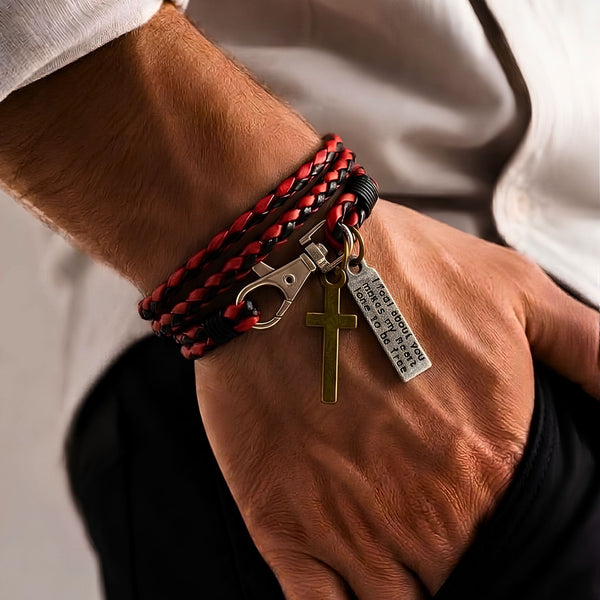 CROSSLOOM -  Red and Black 10mm Genuine Leather Bracelet with Stainless Steel Lobster Clasp for Men & Boys (15 inch)