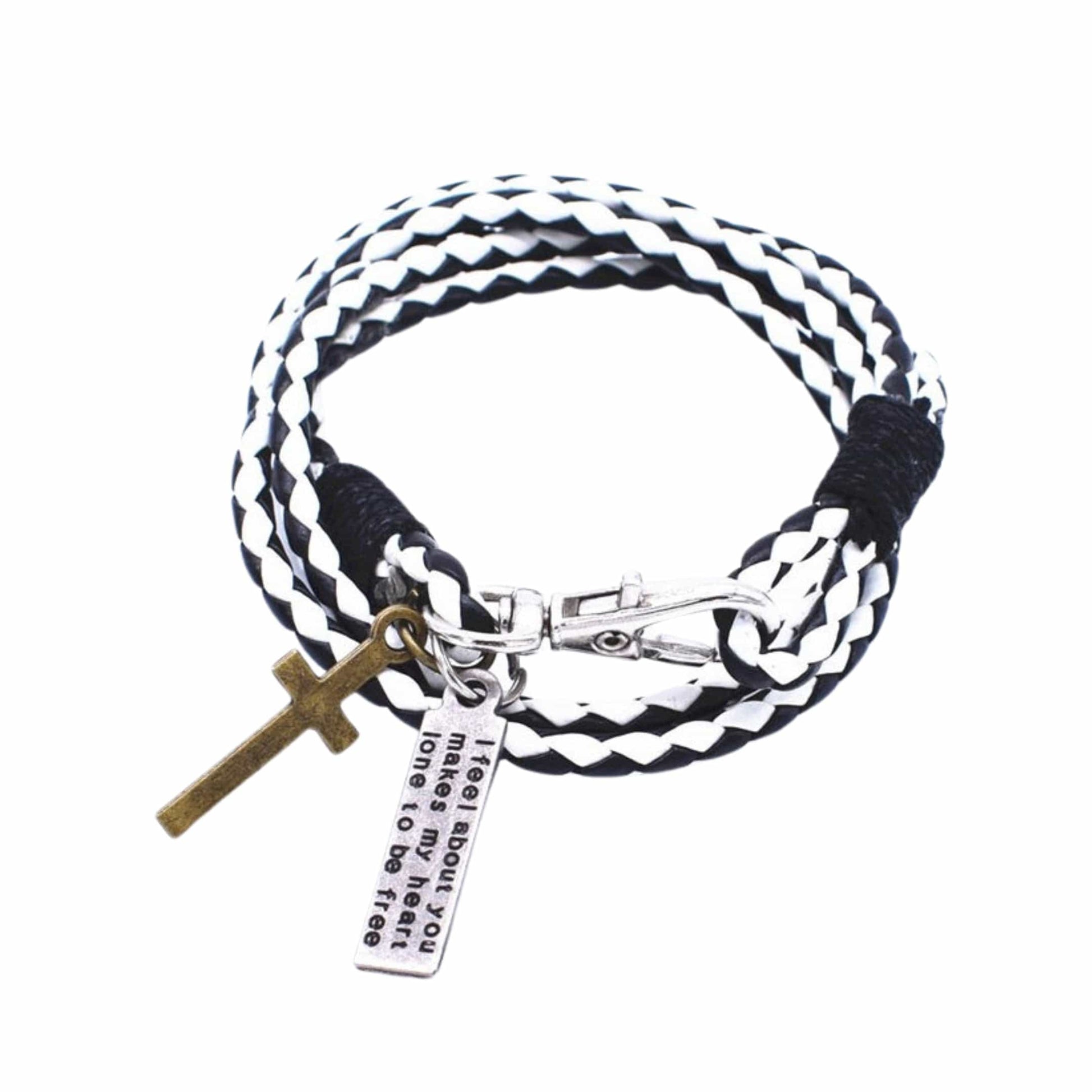 THE MEN THING Leather Bracelet CROSSLOOM - White and Black 10mm Genuine Leather Bracelet with Stainless Steel Lobster Clasp for Men & Boys (15 inch)