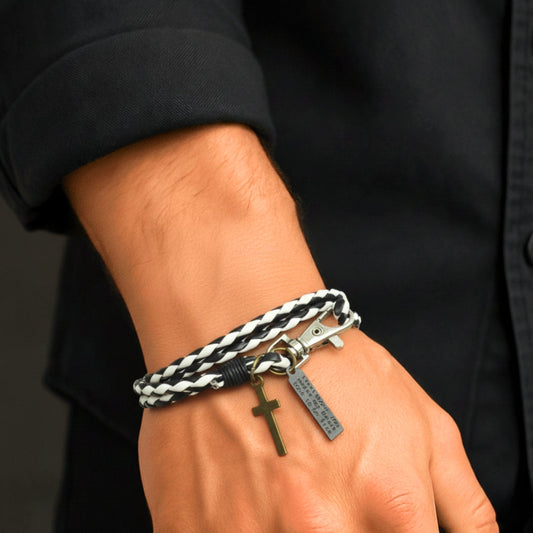 THE MEN THING Leather Bracelet CROSSLOOM - White and Black 10mm Genuine Leather Bracelet with Stainless Steel Lobster Clasp for Men & Boys (15 inch)