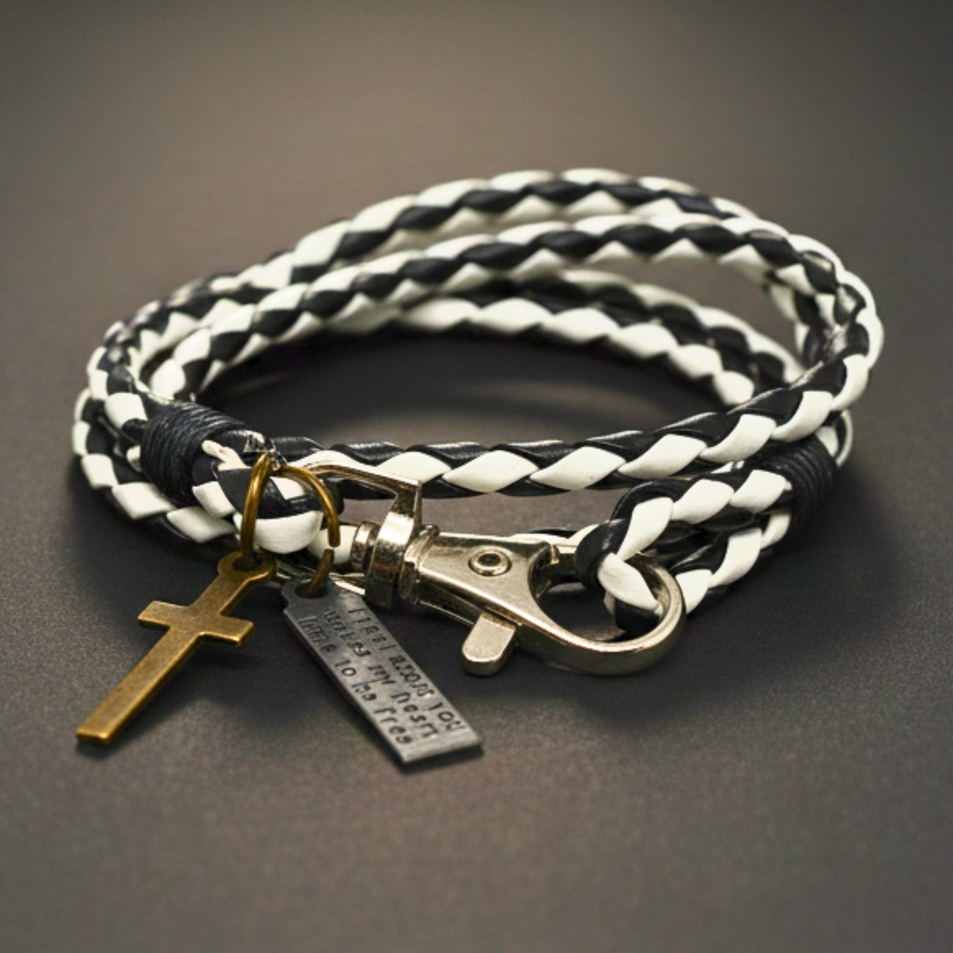 THE MEN THING Leather Bracelet CROSSLOOM - White and Black 10mm Genuine Leather Bracelet with Stainless Steel Lobster Clasp for Men & Boys (15 inch)