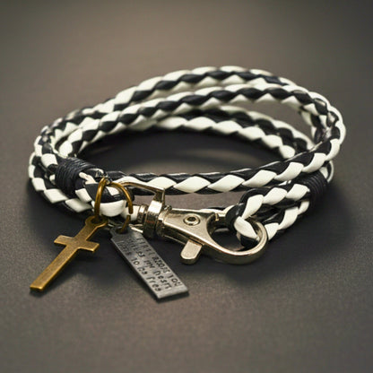 THE MEN THING Leather Bracelet CROSSLOOM - White and Black 10mm Genuine Leather Bracelet with Stainless Steel Lobster Clasp for Men & Boys (15 inch)