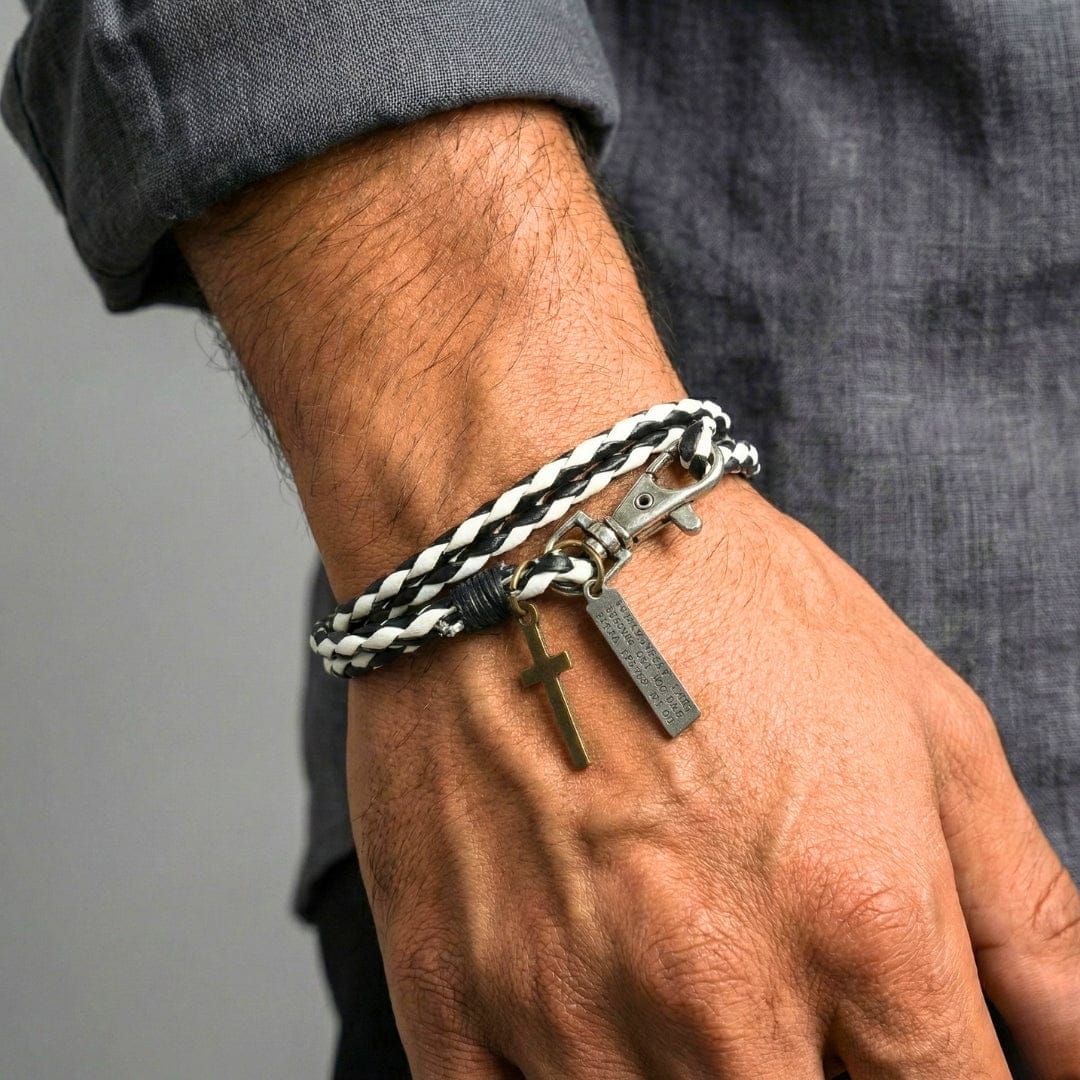 THE MEN THING Leather Bracelet CROSSLOOM - White and Black 10mm Genuine Leather Bracelet with Stainless Steel Lobster Clasp for Men & Boys (15 inch)