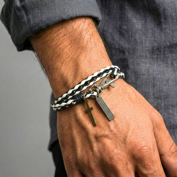 CROSSLOOM - White and Black 10mm Genuine Leather Bracelet with Stainless Steel Lobster Clasp for Men & Boys (15 inch)