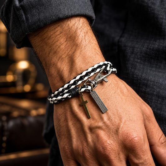 THE MEN THING Leather Bracelet CROSSLOOM - White and Black 10mm Genuine Leather Bracelet with Stainless Steel Lobster Clasp for Men & Boys (15 inch)