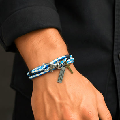 THE MEN THING Leather Bracelet CROSSLOOM - White and Blue 10mm Genuine Leather Bracelet with Stainless Steel Lobster Clasp for Men & Boys (15 inch)