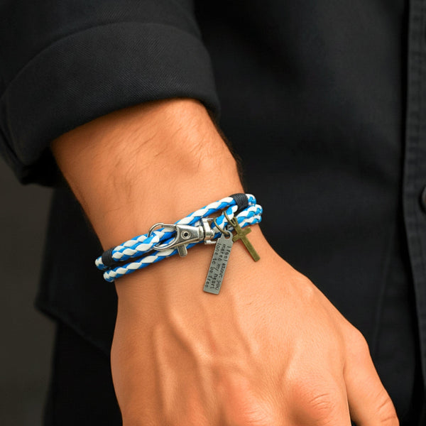 CROSSLOOM - White and Blue 10mm Genuine Leather Bracelet with Stainless Steel Lobster Clasp for Men & Boys (15 inch)