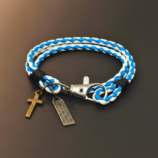 CROSSLOOM - White and Blue 10mm Genuine Leather Bracelet with Stainless Steel Lobster Clasp for Men & Boys (15 inch)