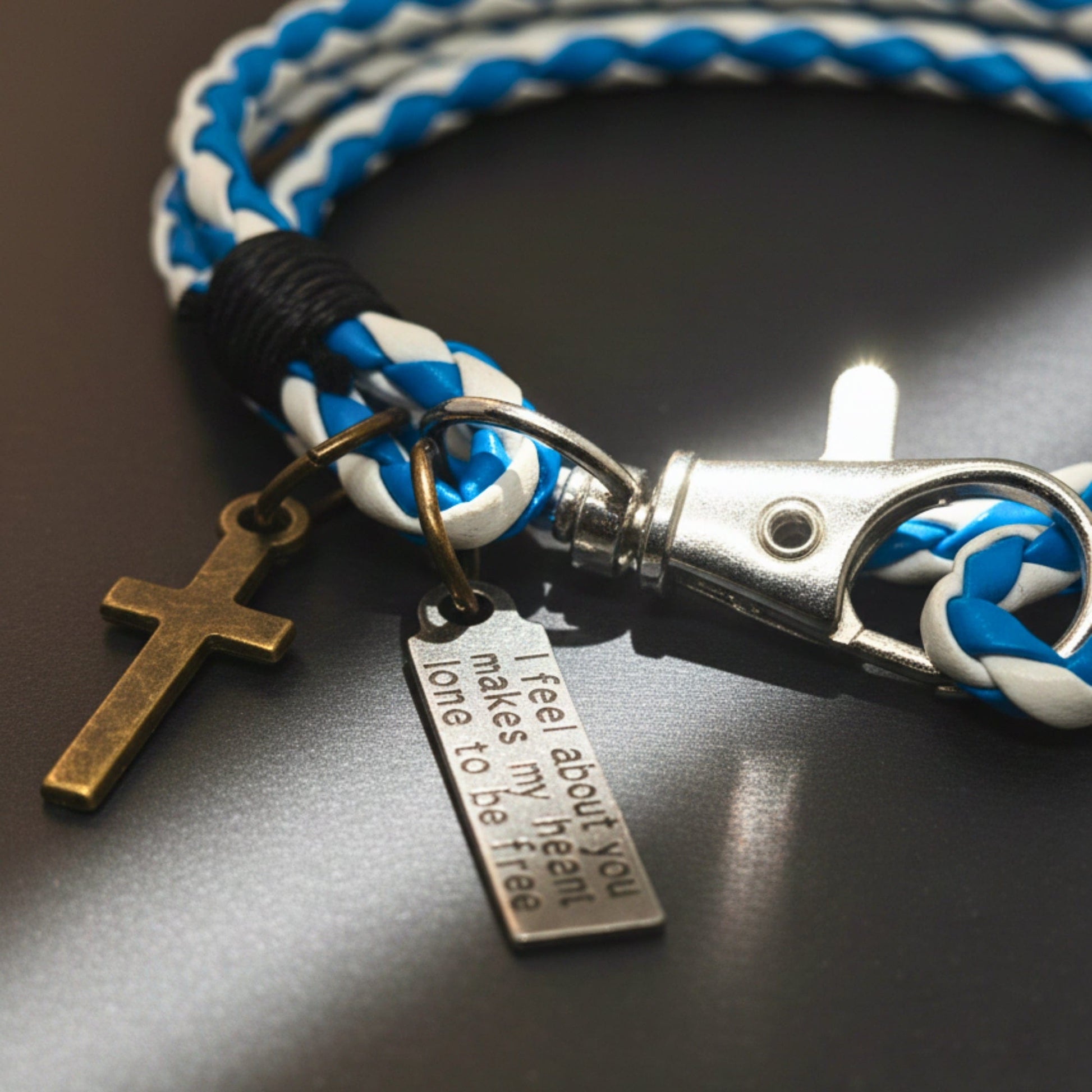 THE MEN THING Leather Bracelet CROSSLOOM - White and Blue 10mm Genuine Leather Bracelet with Stainless Steel Lobster Clasp for Men & Boys (15 inch)