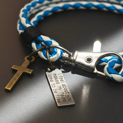 THE MEN THING Leather Bracelet CROSSLOOM - White and Blue 10mm Genuine Leather Bracelet with Stainless Steel Lobster Clasp for Men & Boys (15 inch)