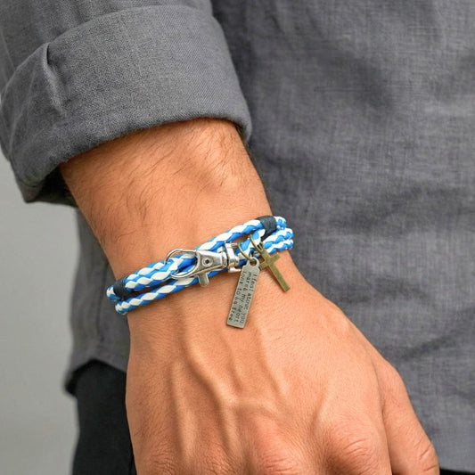 THE MEN THING Leather Bracelet CROSSLOOM - White and Blue 10mm Genuine Leather Bracelet with Stainless Steel Lobster Clasp for Men & Boys (15 inch)