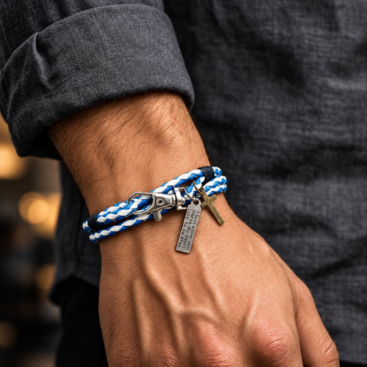 THE MEN THING Leather Bracelet CROSSLOOM - White and Blue 10mm Genuine Leather Bracelet with Stainless Steel Lobster Clasp for Men & Boys (15 inch)