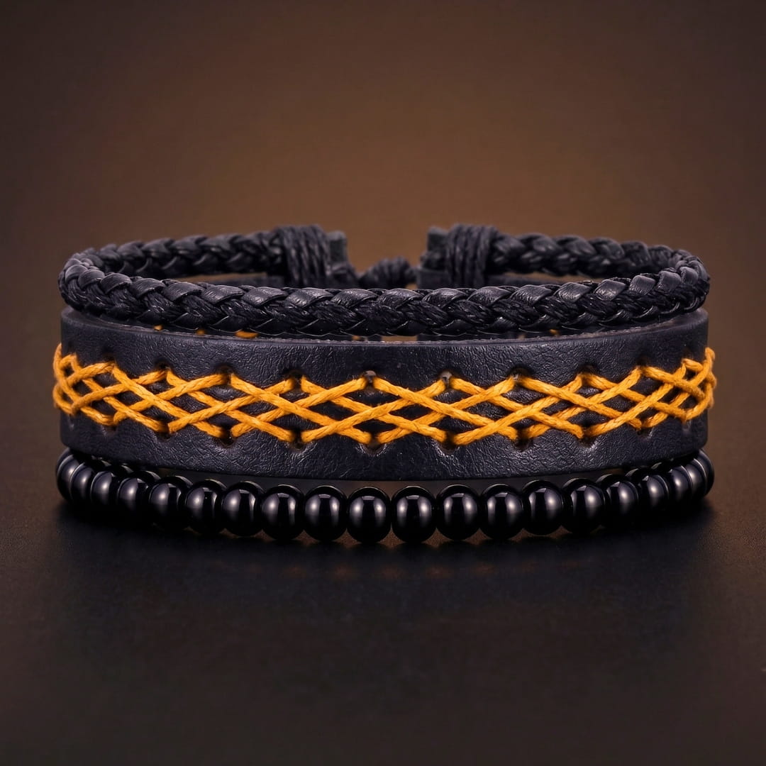 THE MEN THING Leather Bracelet CROSSWEAVE BLACK - 3Pcs Genuine Leather Adjustable Bracelets Set for Men & Boys (8 inch)