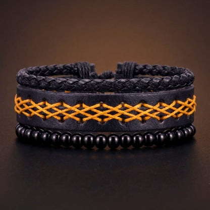 THE MEN THING Leather Bracelet CROSSWEAVE BLACK - 3Pcs Genuine Leather Adjustable Bracelets Set for Men & Boys (8 inch)