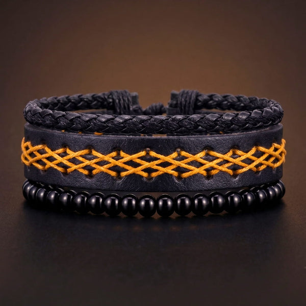 CROSSWEAVE BLACK - 3Pcs Genuine Leather Adjustable Bracelets Set for Men & Boys (8 inch)