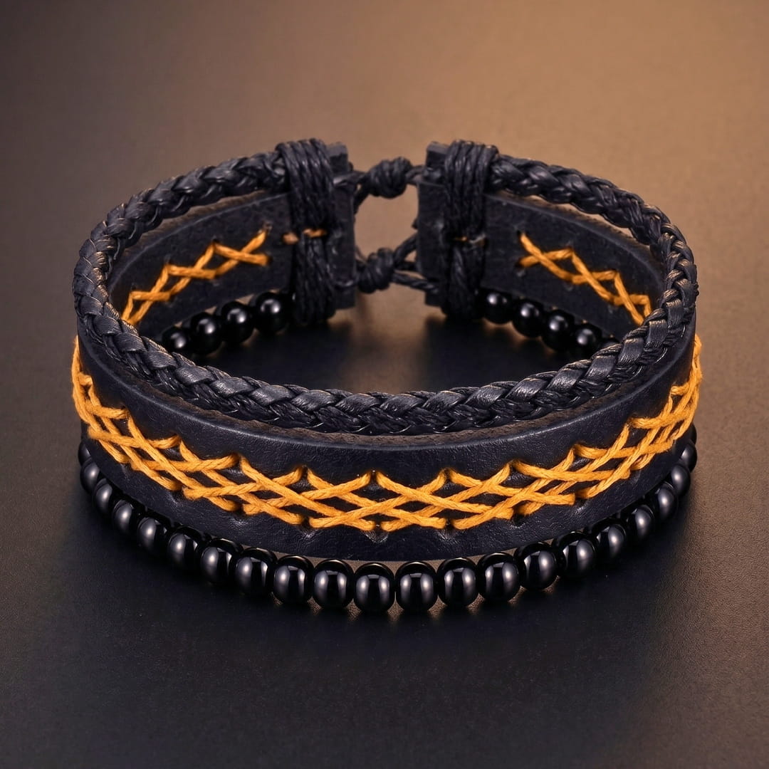 THE MEN THING Leather Bracelet CROSSWEAVE BLACK - 3Pcs Genuine Leather Adjustable Bracelets Set for Men & Boys (8 inch)
