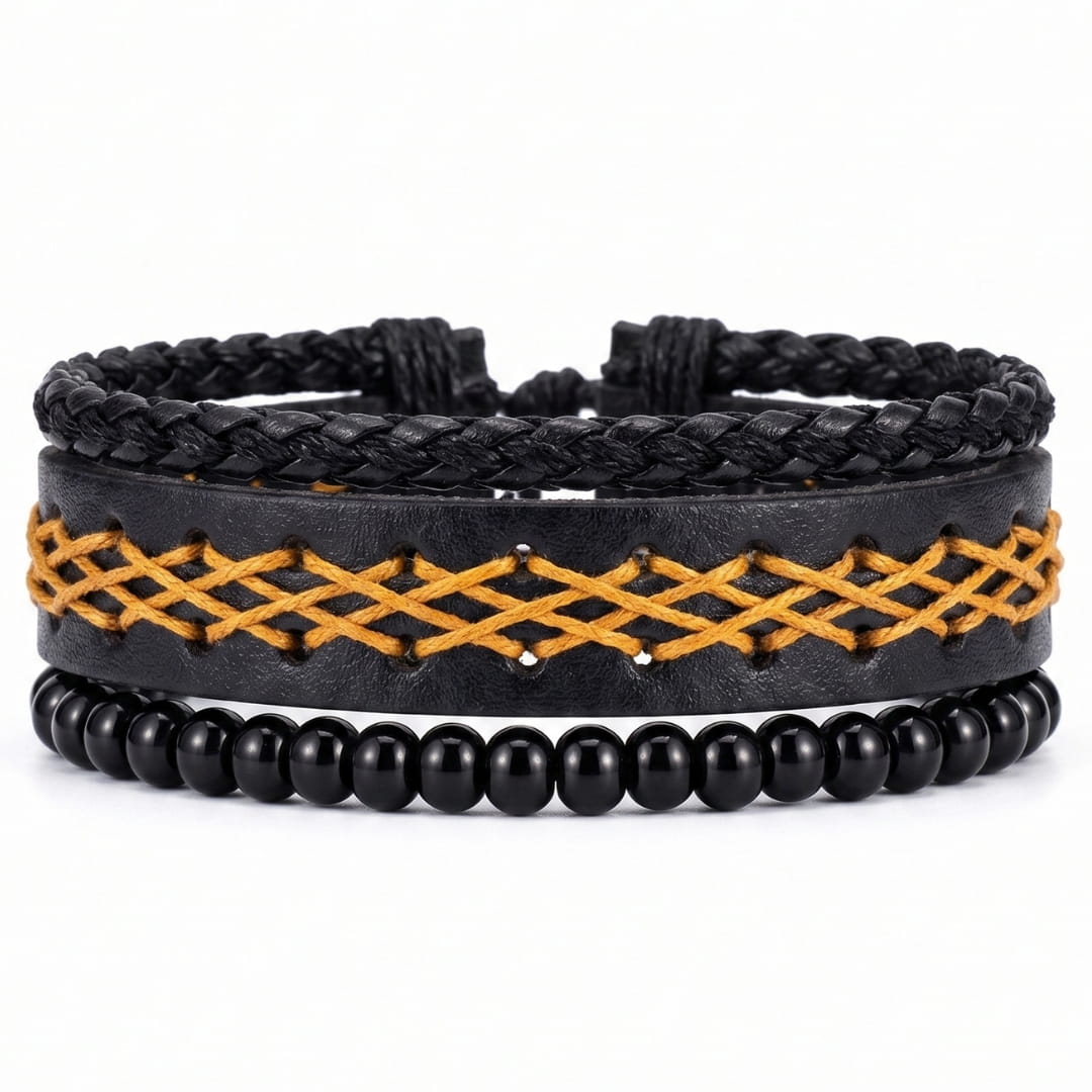 THE MEN THING Leather Bracelet CROSSWEAVE BLACK - 3Pcs Genuine Leather Adjustable Bracelets Set for Men & Boys (8 inch)