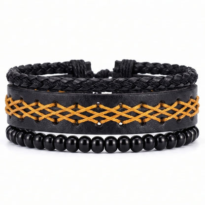THE MEN THING Leather Bracelet CROSSWEAVE BLACK - 3Pcs Genuine Leather Adjustable Bracelets Set for Men & Boys (8 inch)