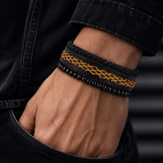 THE MEN THING Leather Bracelet CROSSWEAVE BLACK - 3Pcs Genuine Leather Adjustable Bracelets Set for Men & Boys (8 inch)