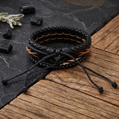 THE MEN THING Leather Bracelet CROSSWEAVE BLACK - 3Pcs Genuine Leather Adjustable Bracelets Set for Men & Boys (8 inch)