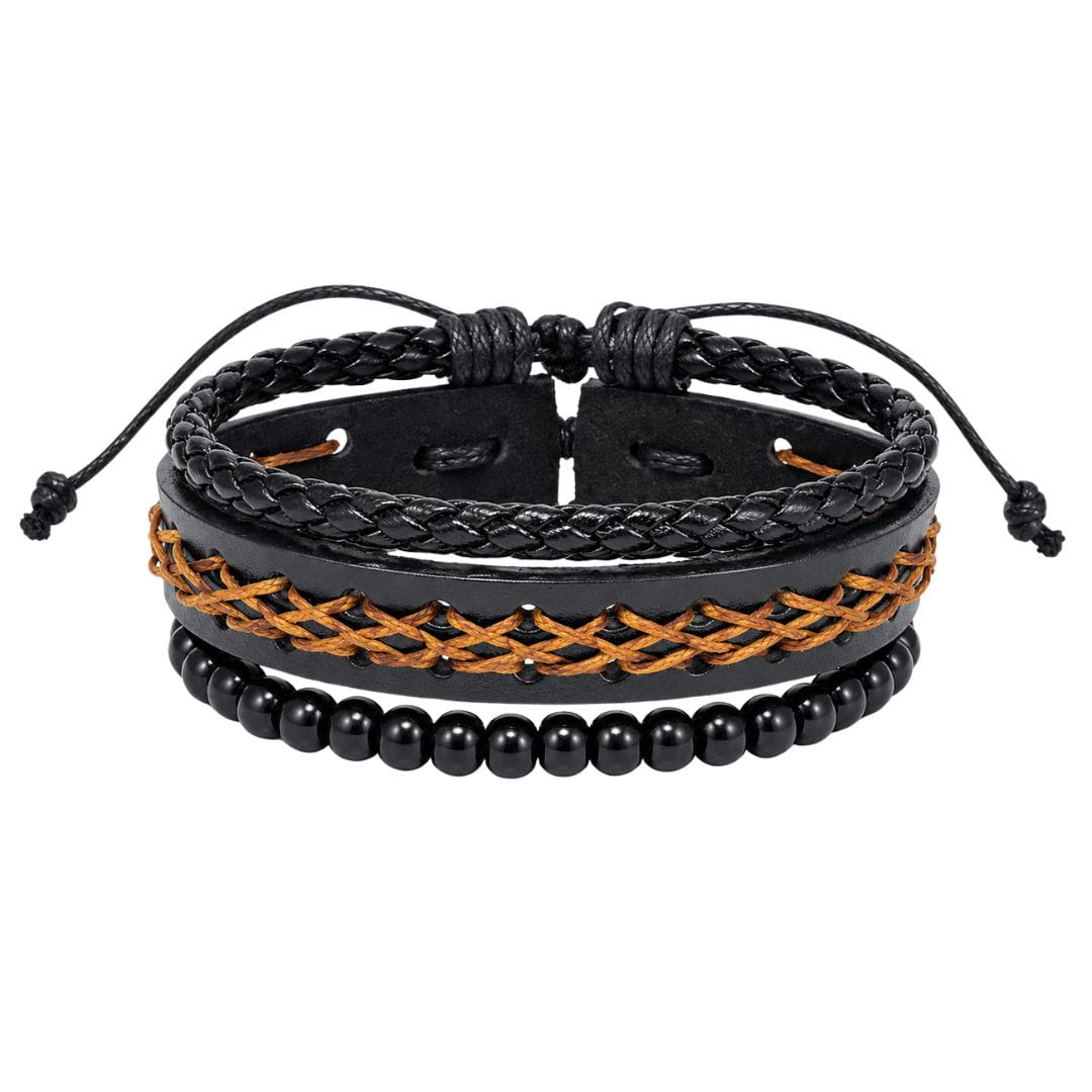 THE MEN THING Leather Bracelet CROSSWEAVE BLACK - 3Pcs Genuine Leather Adjustable Bracelets Set for Men & Boys (8 inch)