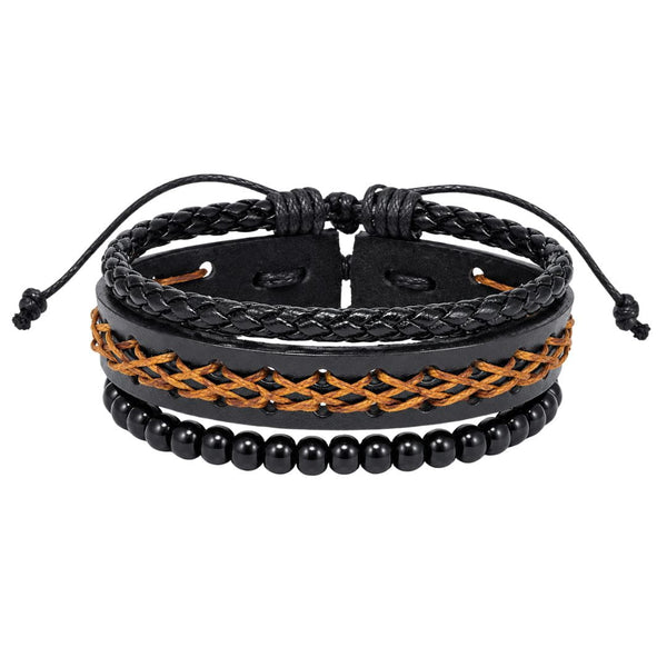 CROSSWEAVE BLACK - 3Pcs Genuine Leather Adjustable Bracelets Set for Men & Boys (8 inch)