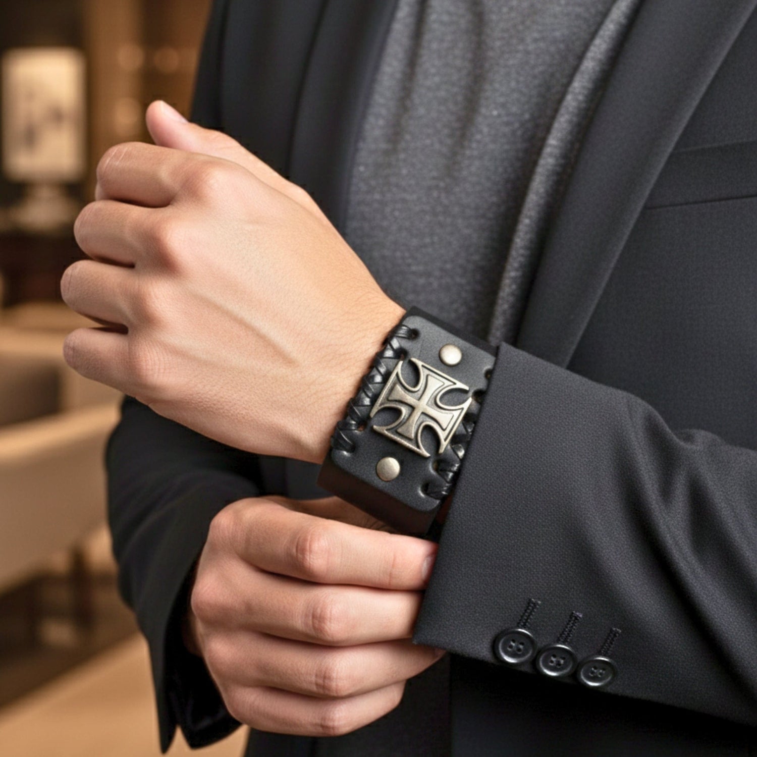 THE MEN THING Leather Bracelet CRUSADER CROSS - 45mm Genuine Leather Adjustable Bracelet for Men & Boys (9 inch)