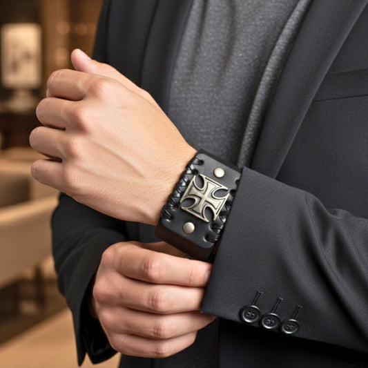 THE MEN THING Leather Bracelet CRUSADER CROSS - 45mm Genuine Leather Adjustable Bracelet for Men & Boys (9 inch)