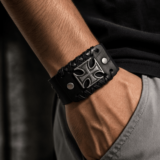 THE MEN THING Leather Bracelet CRUSADER CROSS - 45mm Genuine Leather Adjustable Bracelet for Men & Boys (9 inch)