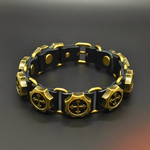 CRUSADER GEAR - 20mm Black Genuine Leather Adjustable Bracelet for Men & Boys (8.8 inch)