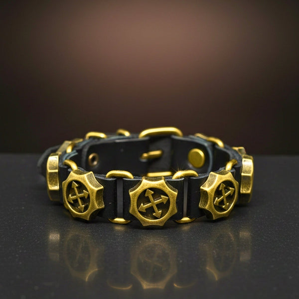 CRUSADER GEAR - 20mm Black Genuine Leather Adjustable Bracelet for Men & Boys (8.8 inch)