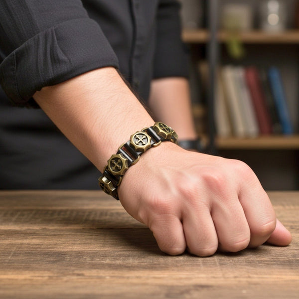 CRUSADER GEAR - 20mm Black Genuine Leather Adjustable Bracelet for Men & Boys (8.8 inch)