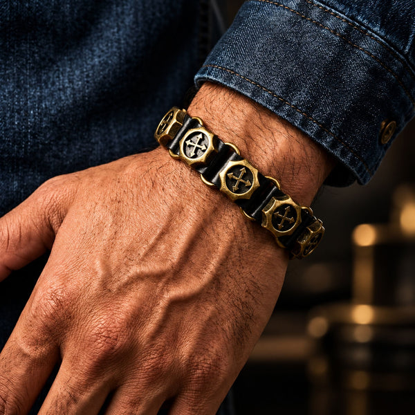 CRUSADER GEAR - 20mm Black Genuine Leather Adjustable Bracelet for Men & Boys (8.8 inch)