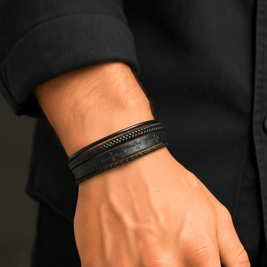 THE MEN THING Leather Bracelet CRUSADER LEGION BLACK - 23mm Genuine Leather Bracelet with Stainless Steel Magnetic Black Buckle for Men & Boys (8.5 inch)