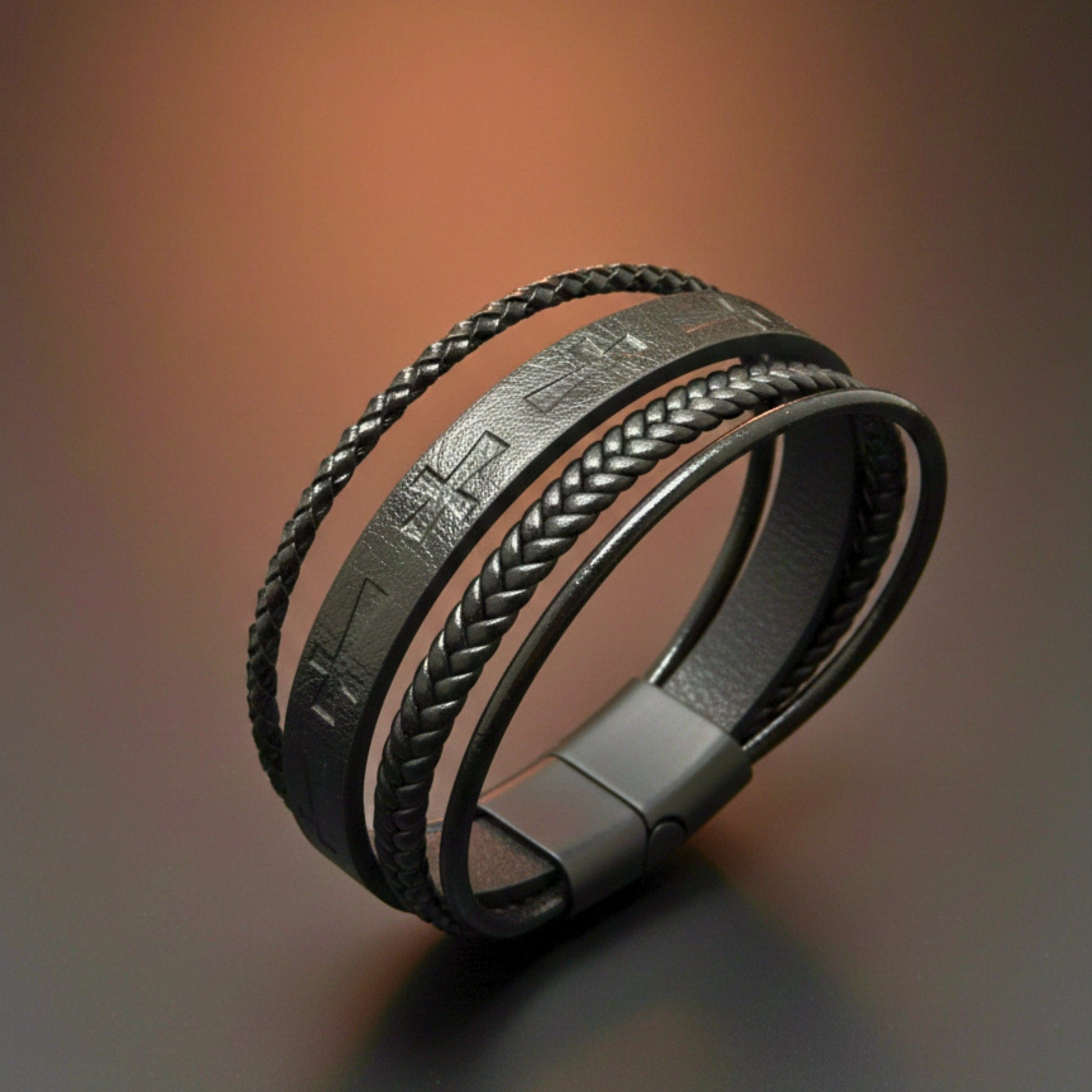 THE MEN THING Leather Bracelet CRUSADER LEGION BLACK - 23mm Genuine Leather Bracelet with Stainless Steel Magnetic Black Buckle for Men & Boys (8.5 inch)