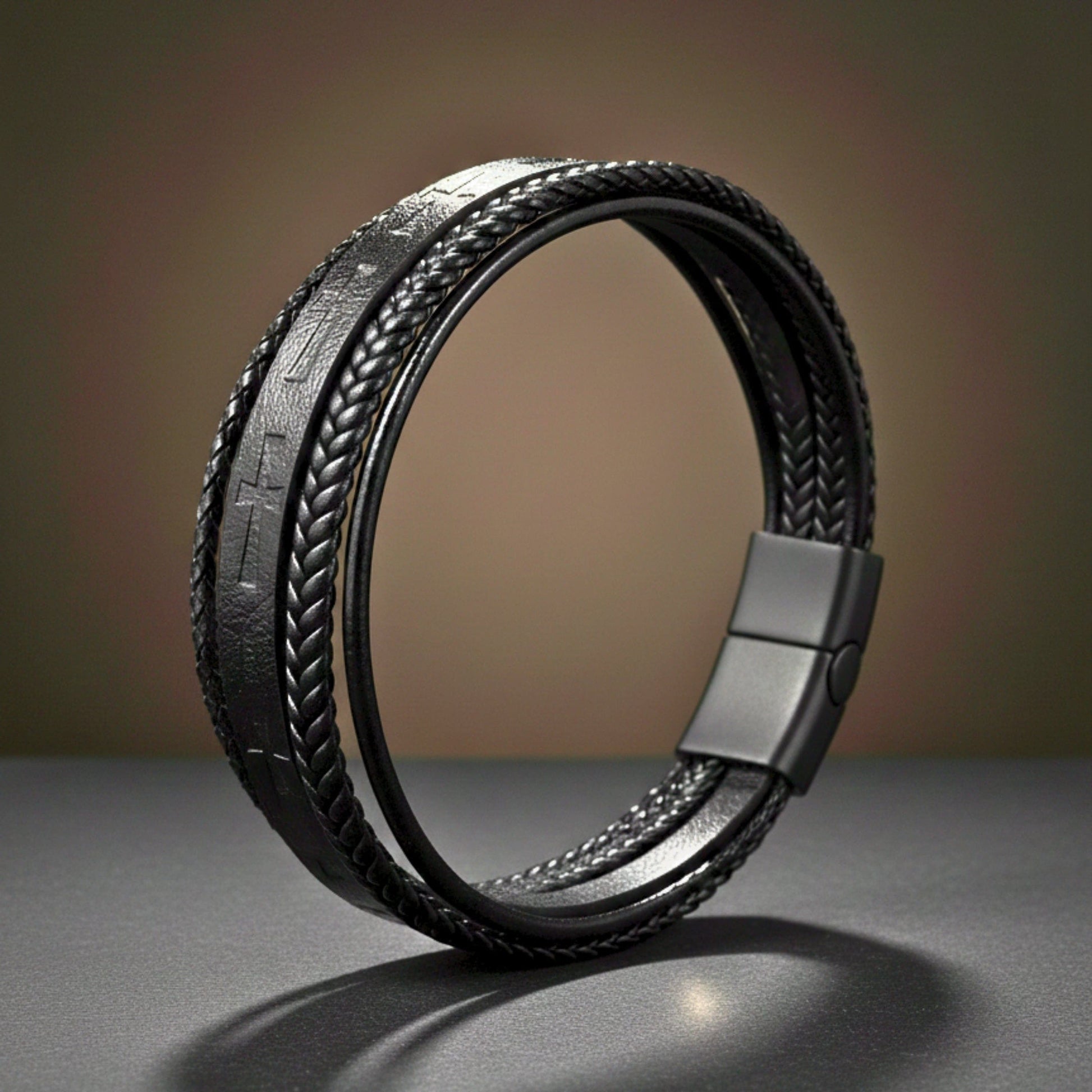 THE MEN THING Leather Bracelet CRUSADER LEGION BLACK - 23mm Genuine Leather Bracelet with Stainless Steel Magnetic Black Buckle for Men & Boys (8.5 inch)