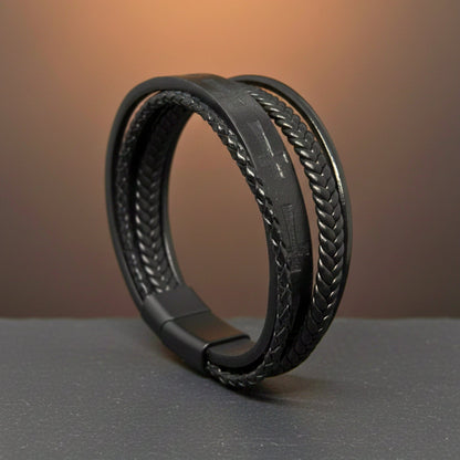 THE MEN THING Leather Bracelet CRUSADER LEGION BLACK - 23mm Genuine Leather Bracelet with Stainless Steel Magnetic Black Buckle for Men & Boys (8.5 inch)