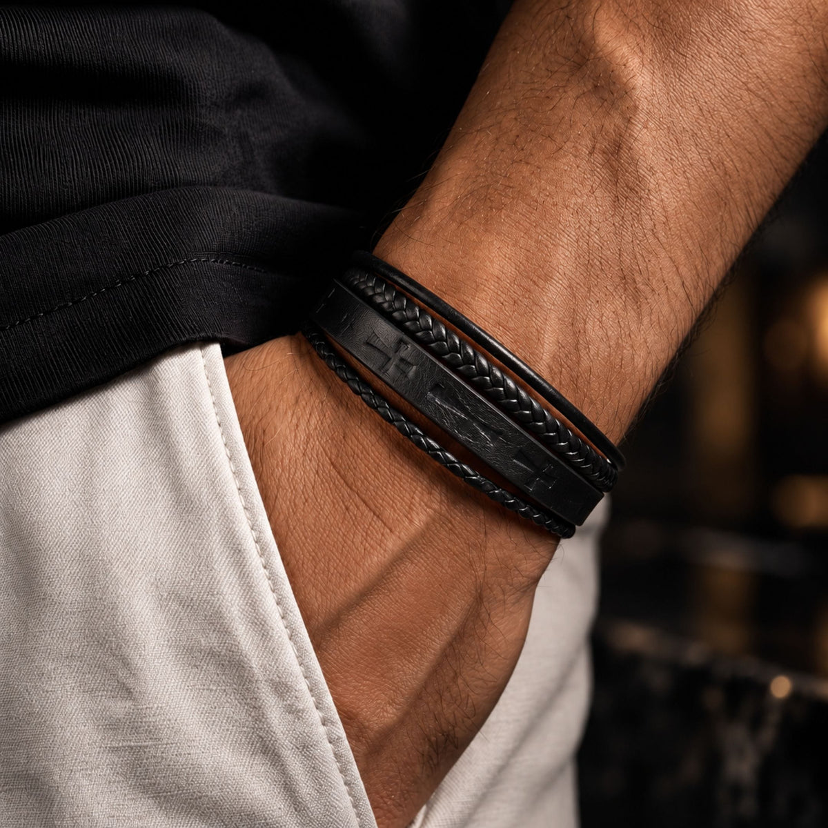 THE MEN THING Leather Bracelet CRUSADER LEGION BLACK - 23mm Genuine Leather Bracelet with Stainless Steel Magnetic Black Buckle for Men & Boys (8.5 inch)