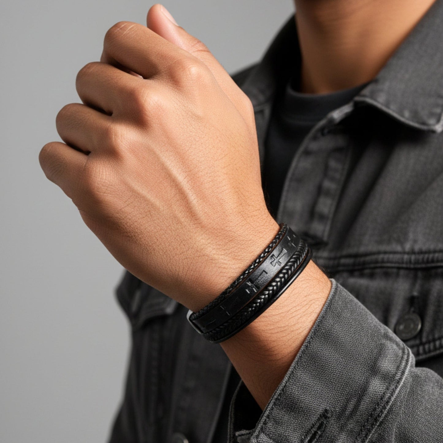 THE MEN THING Leather Bracelet CRUSADER LEGION BLACK - 23mm Genuine Leather Bracelet with Stainless Steel Magnetic Silver Buckle for Men & Boys (8.5 inch)