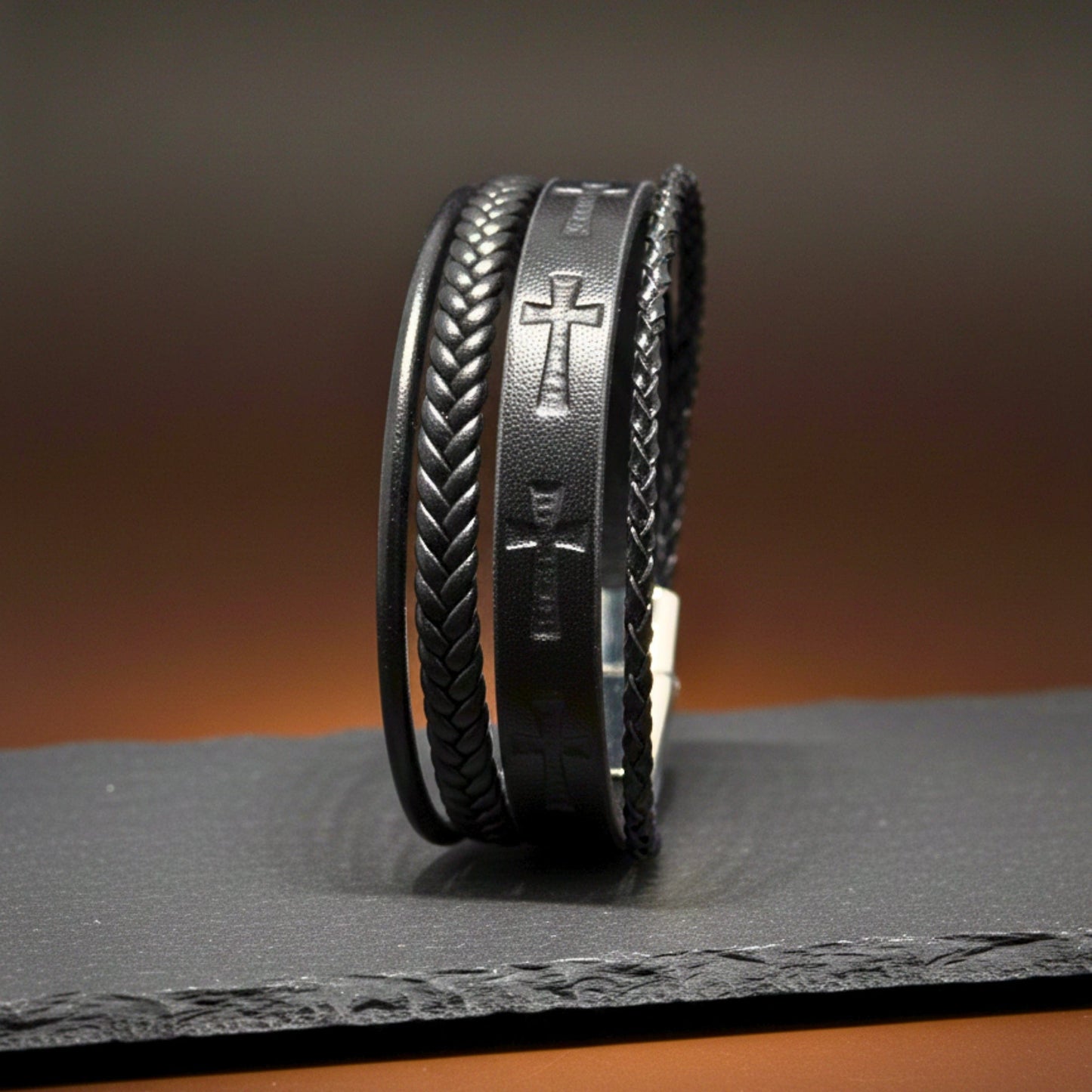 THE MEN THING Leather Bracelet CRUSADER LEGION BLACK - 23mm Genuine Leather Bracelet with Stainless Steel Magnetic Silver Buckle for Men & Boys (8.5 inch)