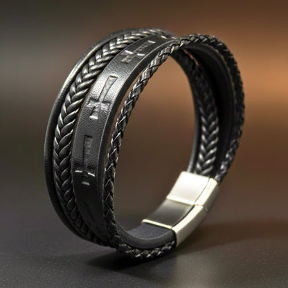 THE MEN THING Leather Bracelet CRUSADER LEGION BLACK - 23mm Genuine Leather Bracelet with Stainless Steel Magnetic Silver Buckle for Men & Boys (8.5 inch)