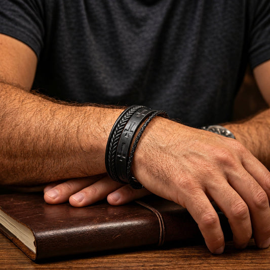THE MEN THING Leather Bracelet CRUSADER LEGION BLACK - 23mm Genuine Leather Bracelet with Stainless Steel Magnetic Silver Buckle for Men & Boys (8.5 inch)