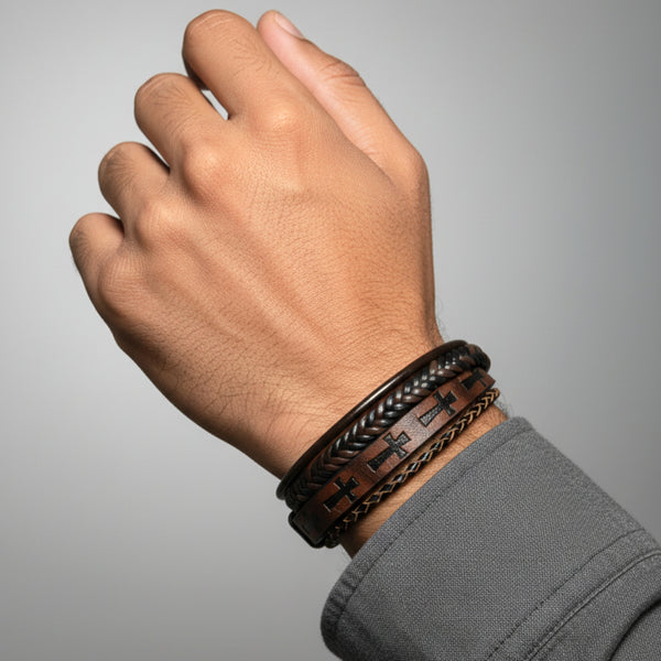 CRUSADER LEGION DARK BROWN - 23mm Genuine Leather Bracelet with Stainless Steel Magnetic Black Buckle for Men & Boys (8.5 inch)