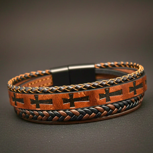 CRUSADER LEGION DARK BROWN - 23mm Genuine Leather Bracelet with Stainless Steel Magnetic Black Buckle for Men & Boys (8.5 inch)