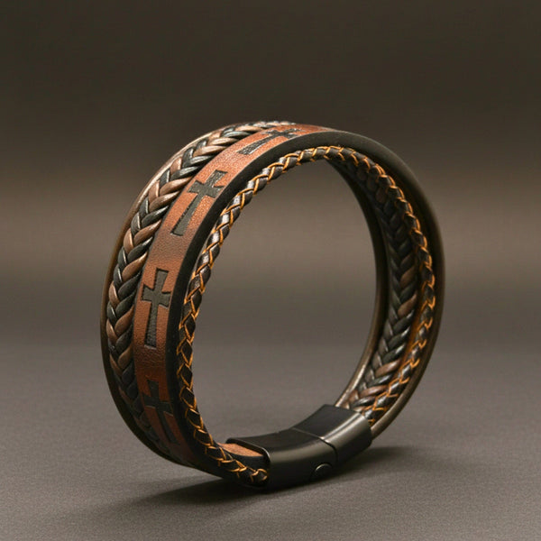 CRUSADER LEGION DARK BROWN - 23mm Genuine Leather Bracelet with Stainless Steel Magnetic Black Buckle for Men & Boys (8.5 inch)