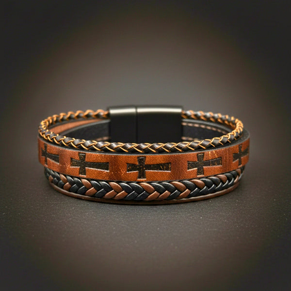 CRUSADER LEGION DARK BROWN - 23mm Genuine Leather Bracelet with Stainless Steel Magnetic Black Buckle for Men & Boys (8.5 inch)