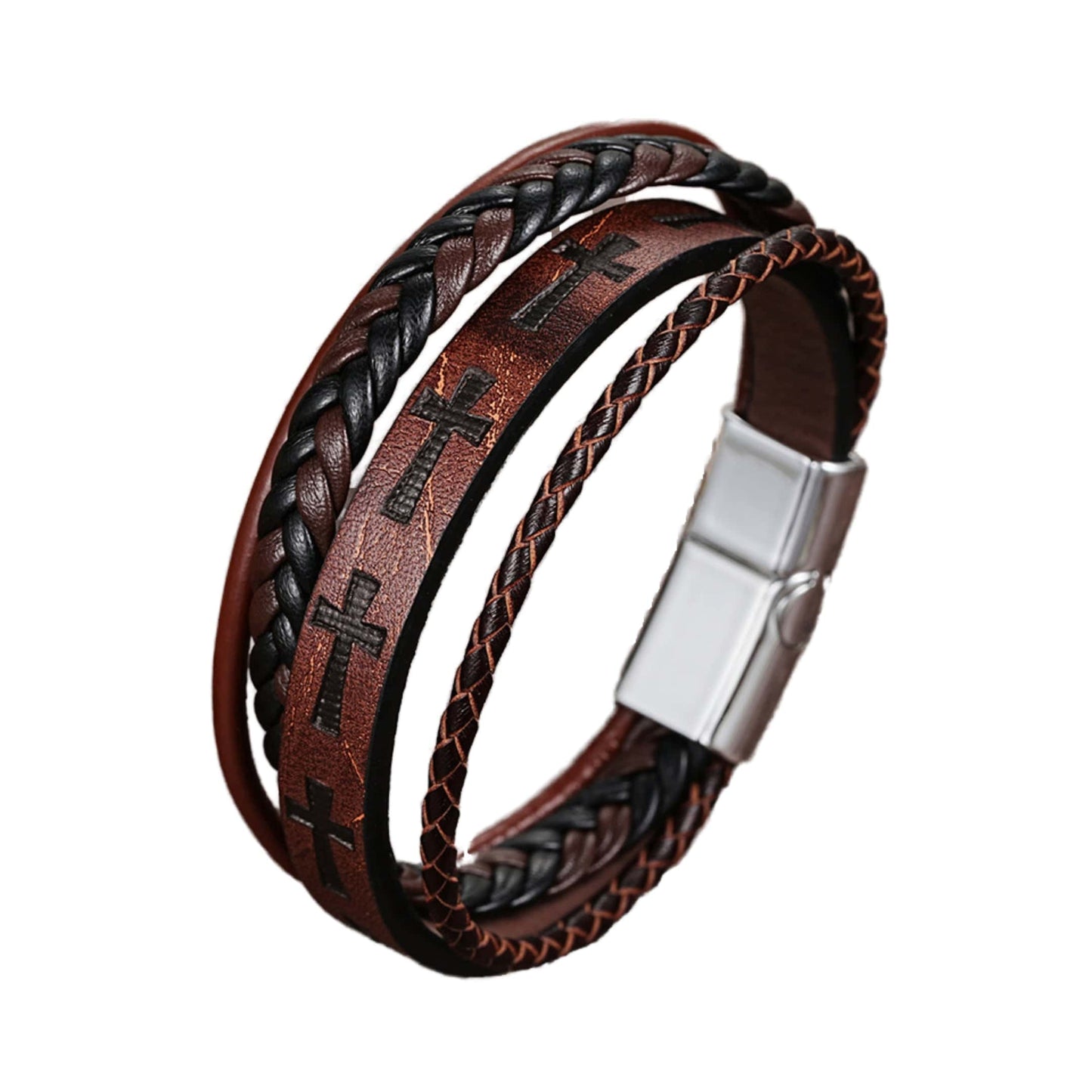 THE MEN THING Leather Bracelet CRUSADER LEGION DARK BROWN - 23mm Genuine Leather Bracelet with Stainless Steel Magnetic Silver Buckle for Men & Boys (8.5 inch)