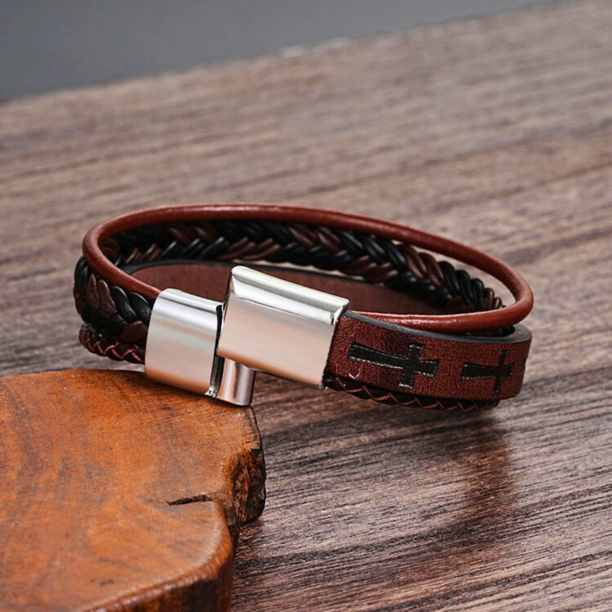 THE MEN THING Leather Bracelet CRUSADER LEGION DARK BROWN - 23mm Genuine Leather Bracelet with Stainless Steel Magnetic Silver Buckle for Men & Boys (8.5 inch)