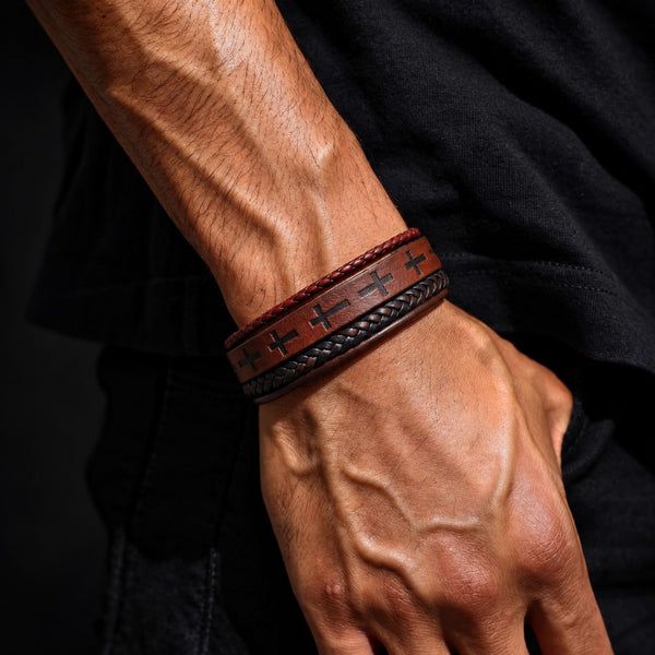 CRUSADER LEGION DARK BROWN - 23mm Genuine Leather Bracelet with Stainless Steel Magnetic Silver Buckle for Men & Boys (8.5 inch)
